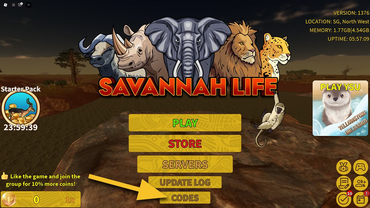 Image of the main menu of Savannah Life on Roblox, with an arrow pointing at the Codes button.