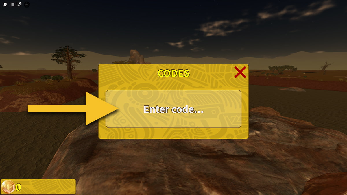Image of the code redemption screen in Savannah Life on Roblox, with an arrow pointing at the code input text box.