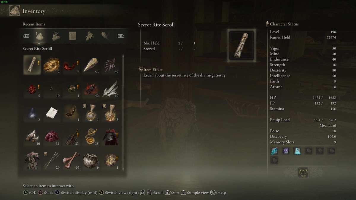 Elden Ring Shadow of the Erdtree Ansbach: Secret Rite Scroll in inventory.