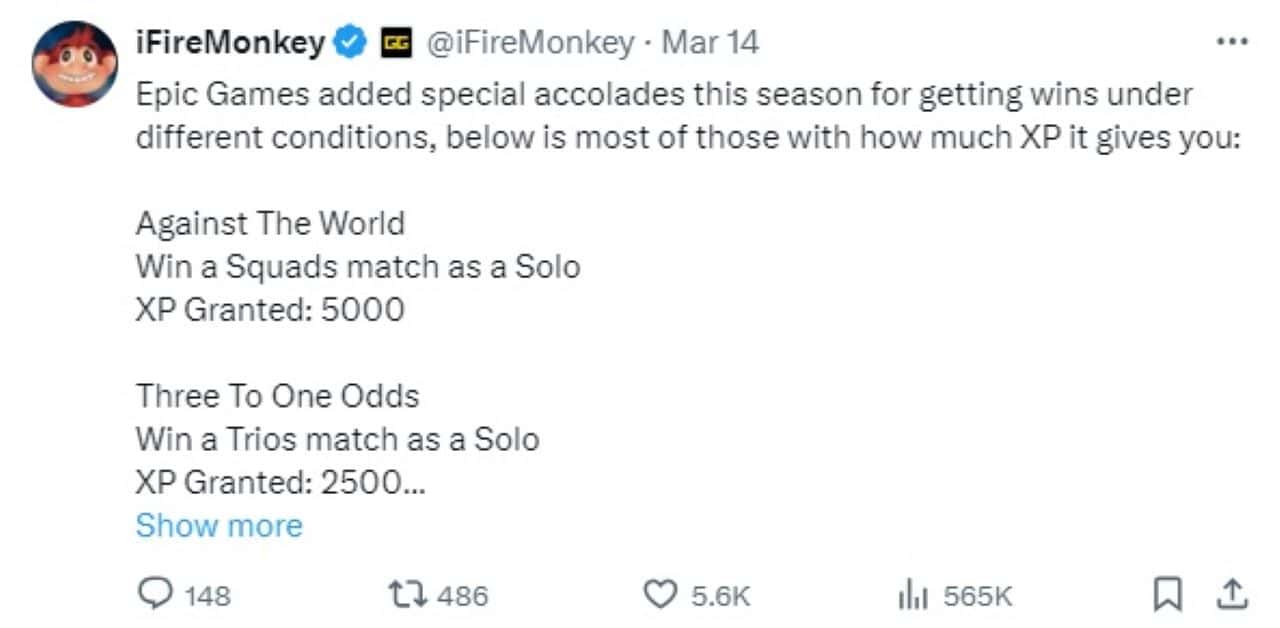Fortnite secret achievements: A tweet from @iFireMonkey detailing special accolades in Fortnite