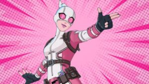Gwenpool standing and waving in a pink comic background