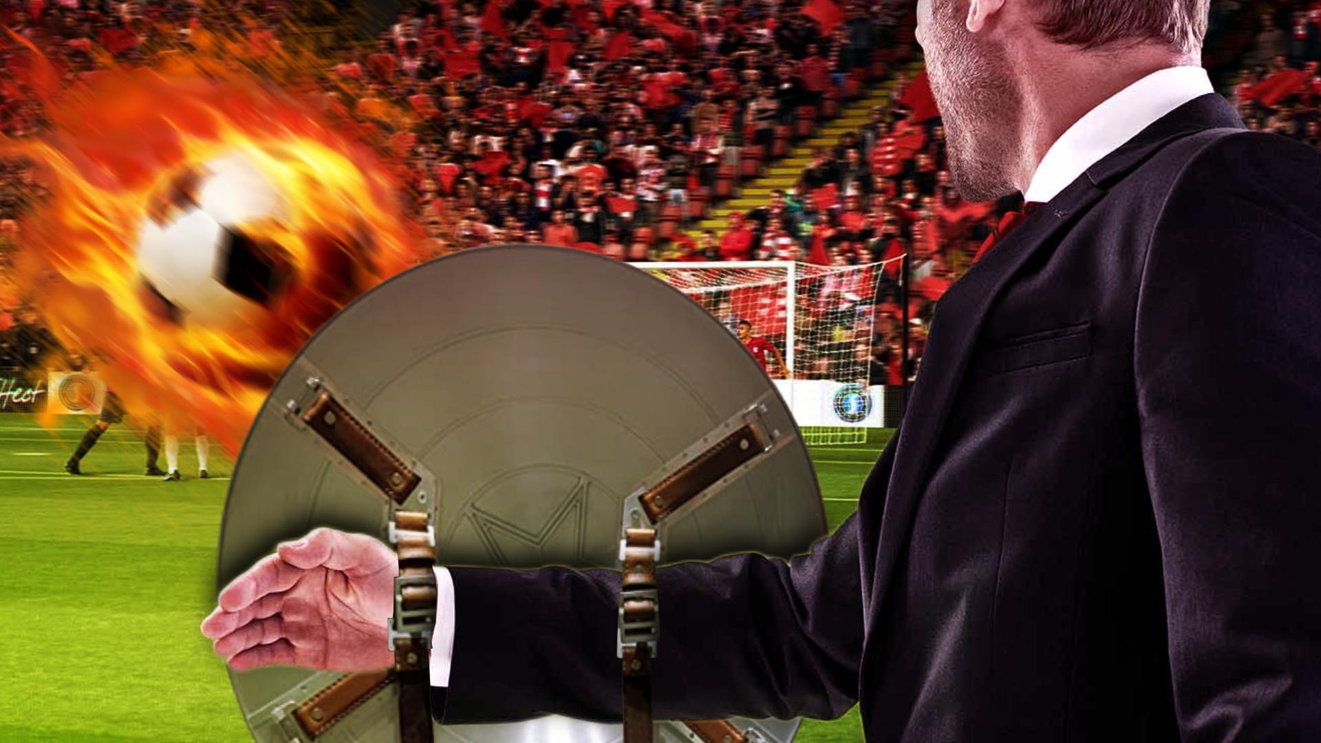 Football Manager holding a shield to defend against a flaming football