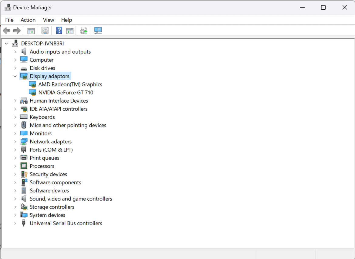 A screenshot of the device manager in windows 10 illustrating how to update the GPU driver.