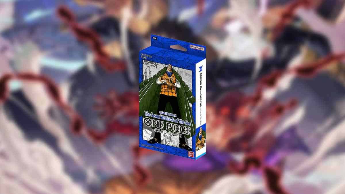 3d-rendered image of a best One Piece TCG starter decks themed playing card box floating against a blurred artistic background.