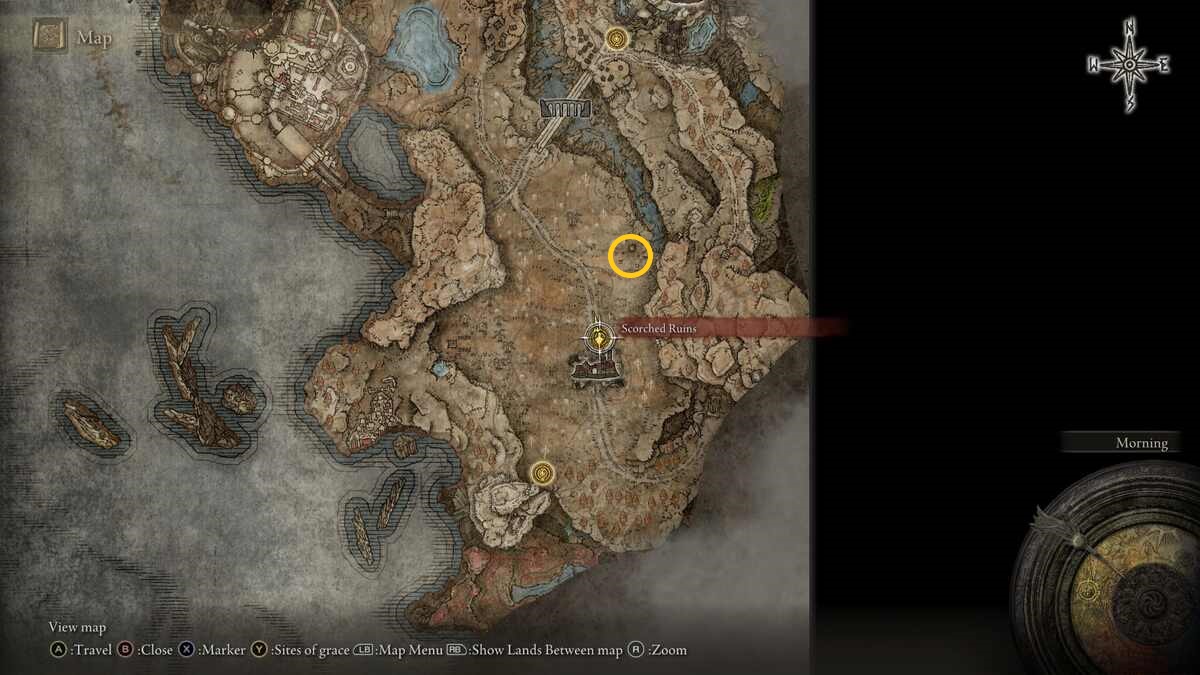 Shadow of the Erdtree Backhand Blade: A map with a gold ring showing where the Backhand Blade is found.