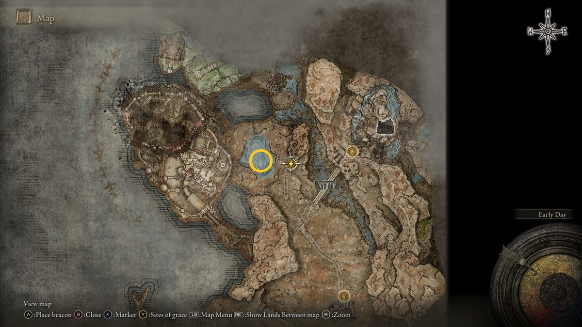 Shadow of the Erdtree Great Katana: An Elden Ring map with a gold ring showing the location of the Great Katana.