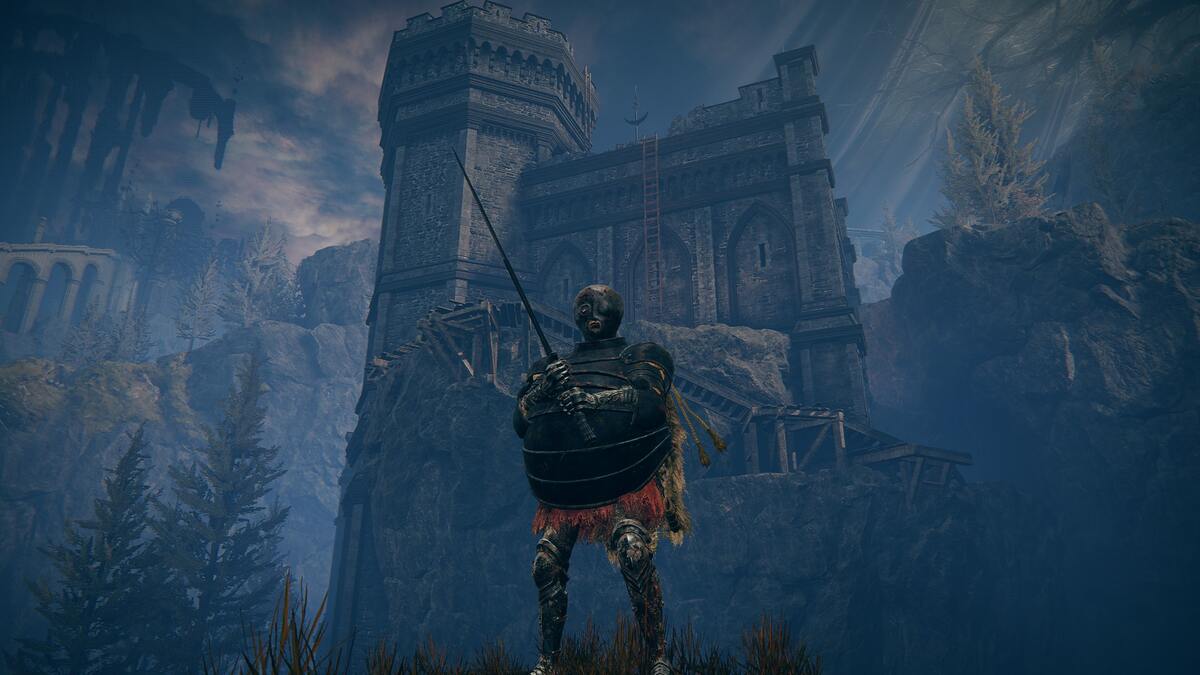 Shadow of the Erdtree Light Greatsword: A player holding the Milady sword in front of a castle behind them.