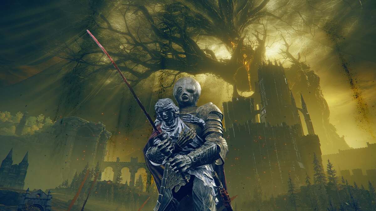 Shadow of the Erdtree progression route: A player in armour wielding a red katana sttanding with a large tree and castle in the background.