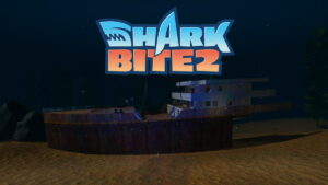 Image of a sunken ship resting on seabed with a SharkBite 2 logo above, from the Roblox game SharkBite 2.