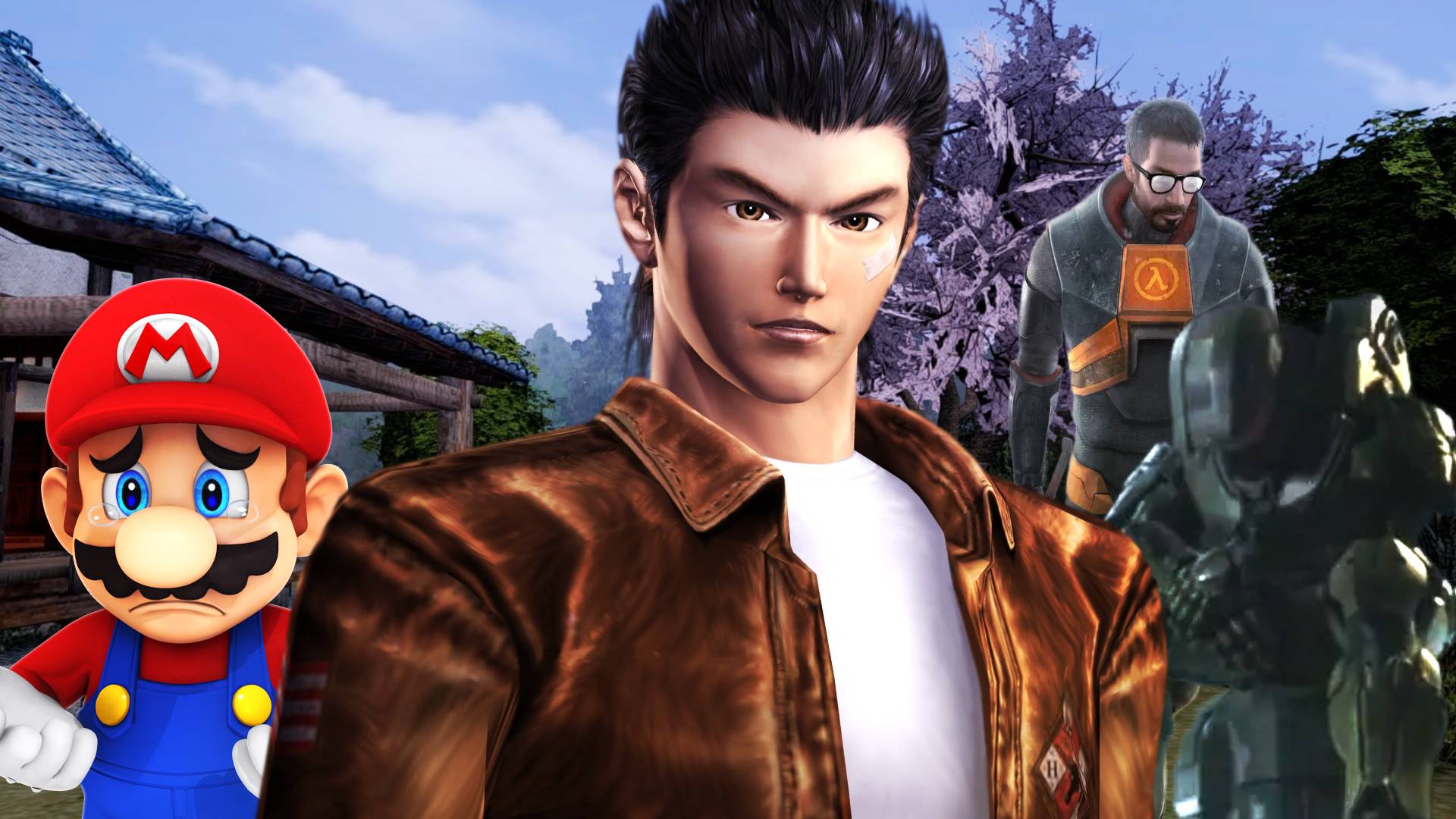 Shenmue protagonist Ryo Hazuki standing in front of sad video game characters