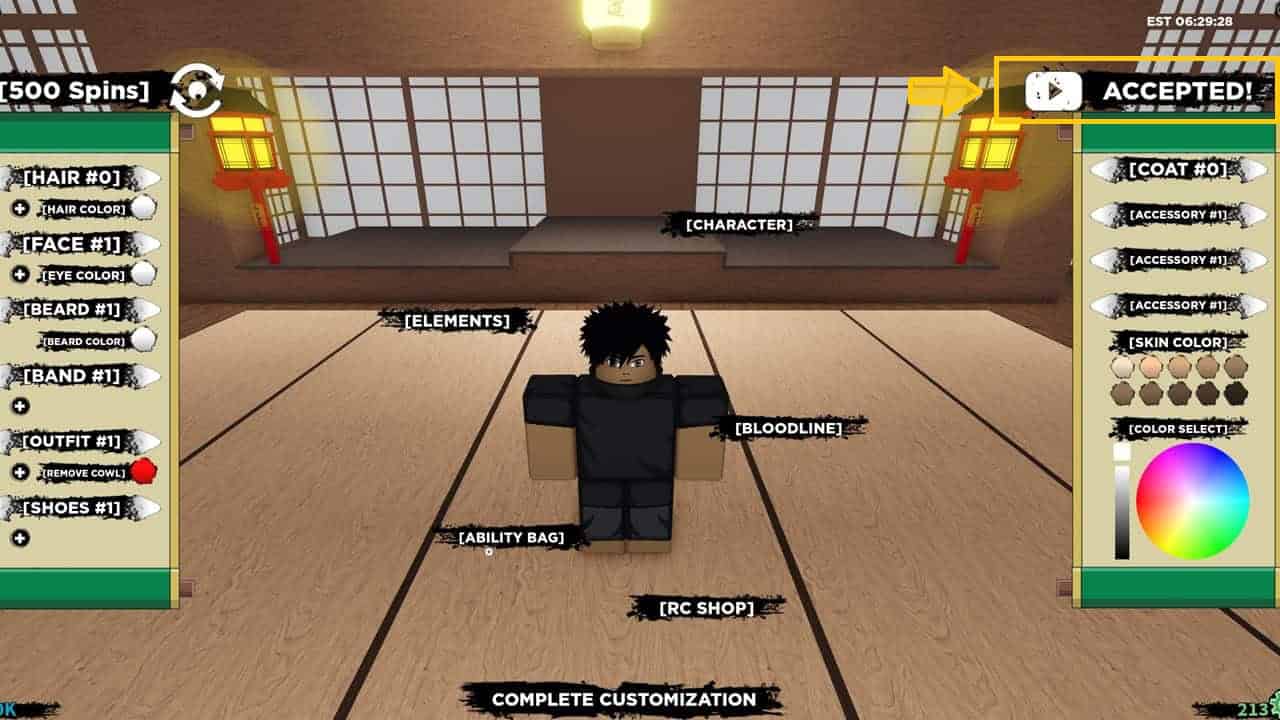 Shindo Life codes: The customization screen where you can input codes. Image captured by VideoGamer.