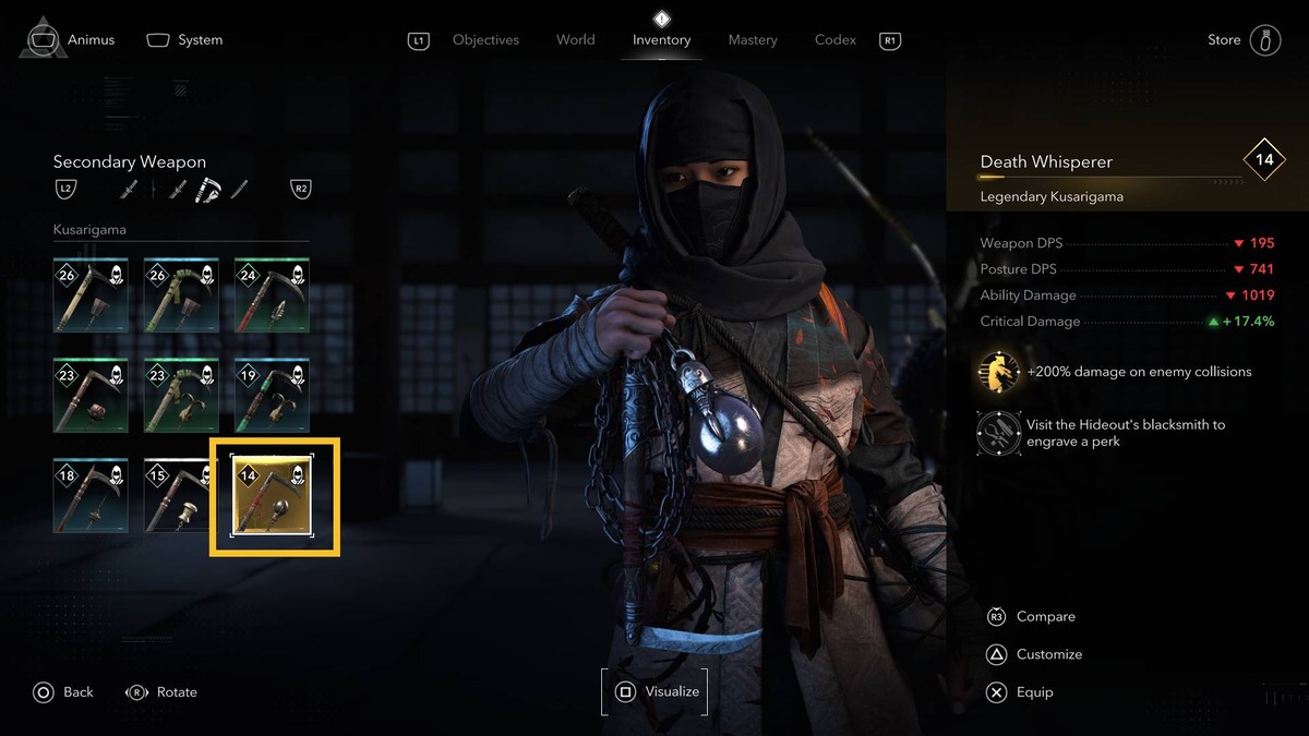 Assassin's Creed Shadows best weapons: inventory menu.