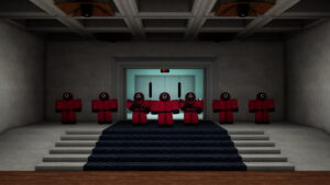 Image of guards marching out of an elevator in the game Shrimp Game on Roblox.