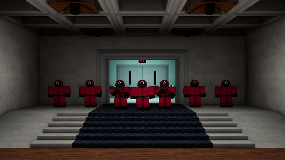 Image of guards marching out of an elevator in the game Shrimp Game on Roblox.