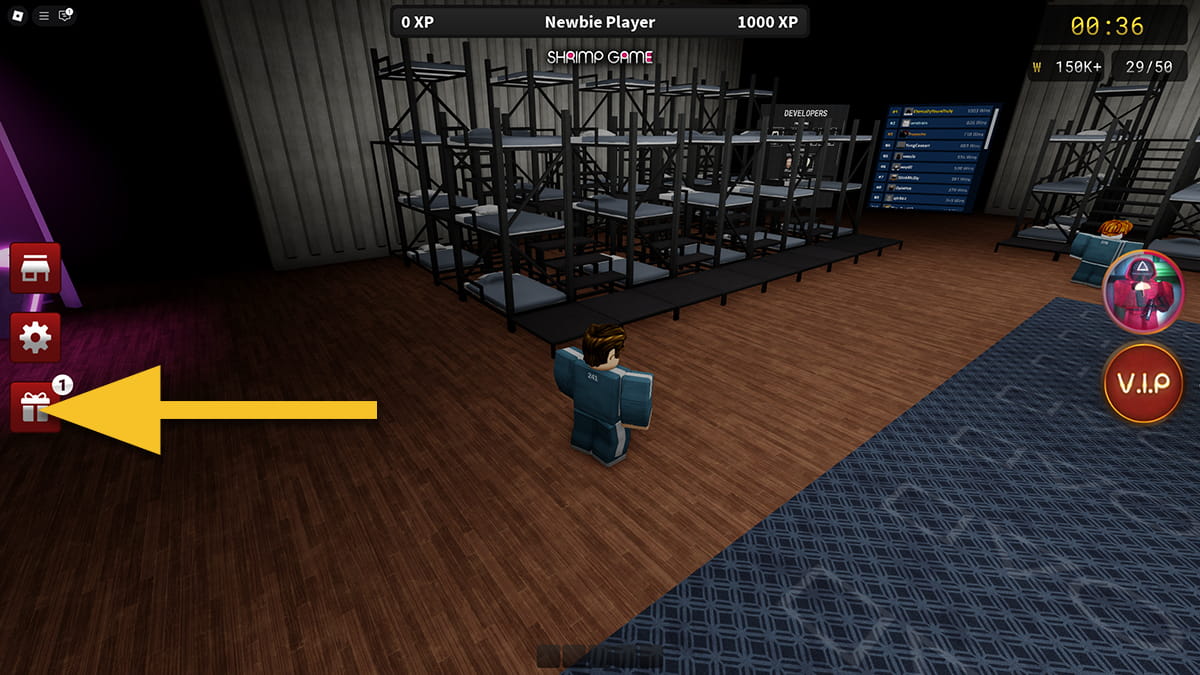 Image of the lobby in Shrimp Game on Roblox, with an arrow pointing at the Gift icon.