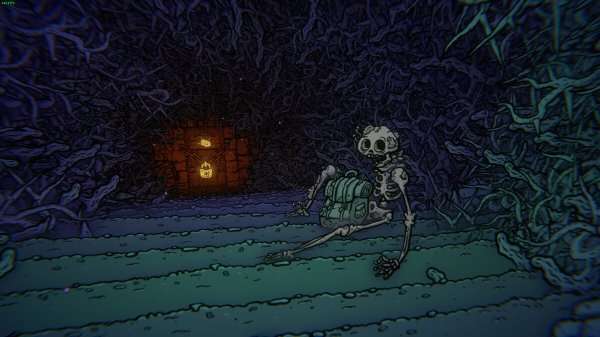 Shroom and Gloom demo: skeleton in a dark tunnel.