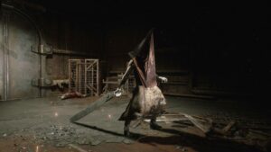 Pyramid Head stands menacingly with a blade in-hand