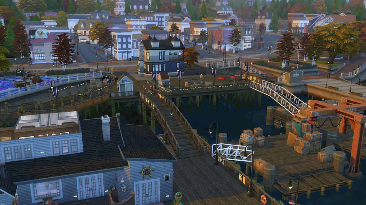 A screenshot of a residential town in The Sims 4.