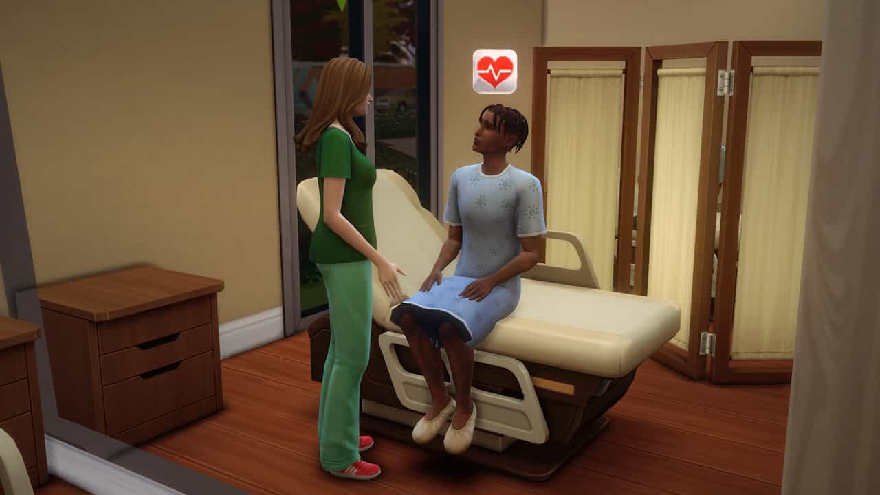 A doctor examining a patient at the hospital in The Sims 4
