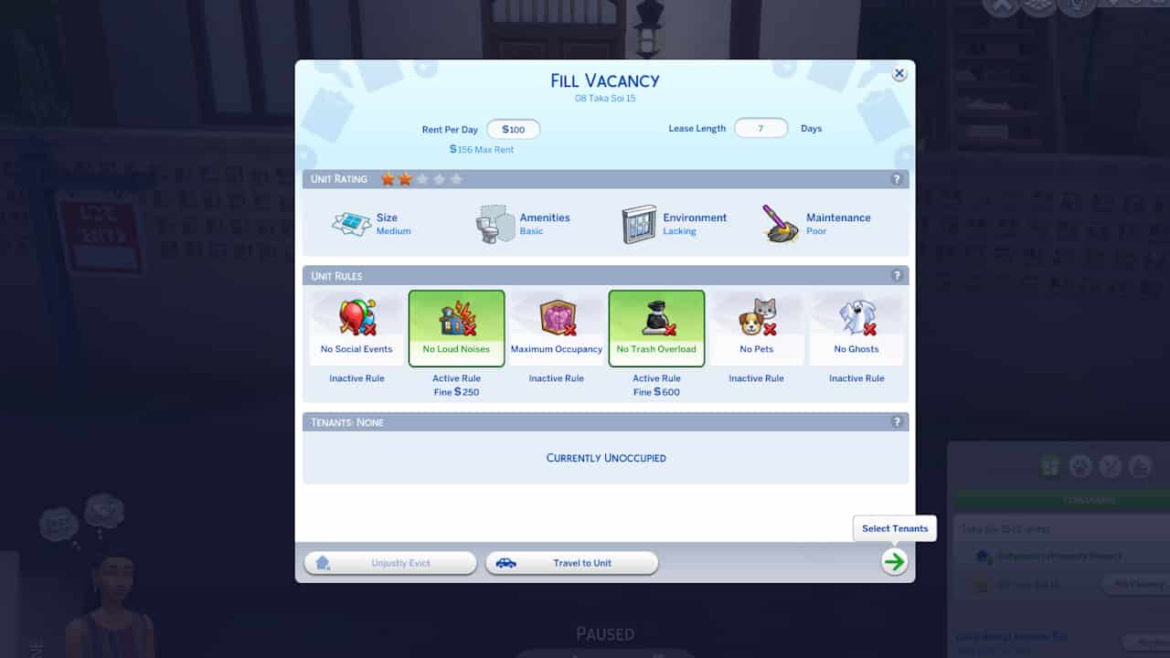 A screenshot of the Sims 4 store, showcasing the process of acquiring tenants for rent.