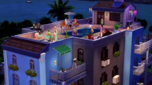 The sims 4 house with tenants on the roof.