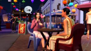 Two sims outside eating and gossiping.