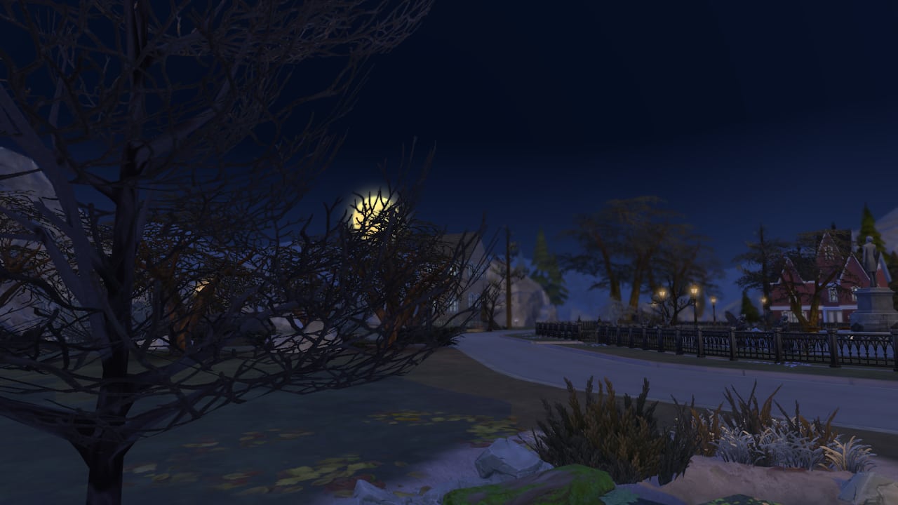 A serene night scene with trees and bushes in the Sims 4 worlds.