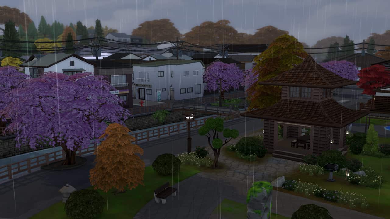 Explore a charming Japanese village nestled in the rain, filled with traditional architecture and cultural delights. Immerse yourself in the beauty of this Sims 4 residential world, offering a unique experience unlike