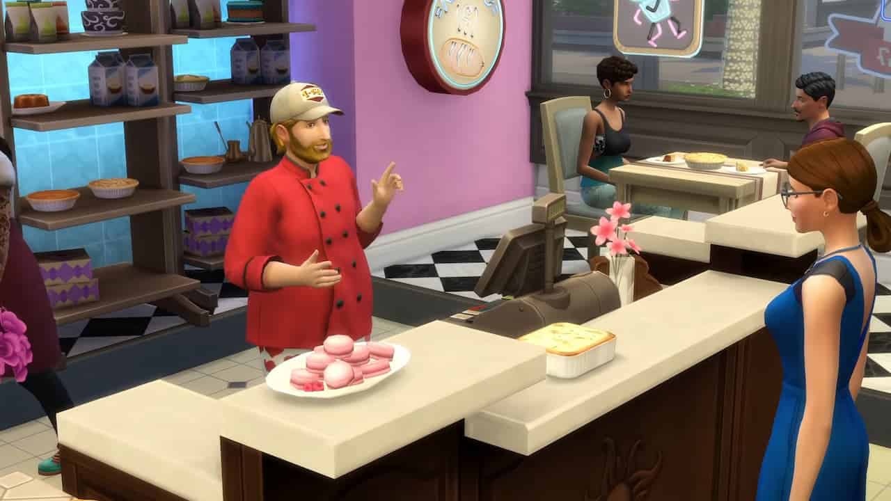 A Sim in a bakery in The Sims 4