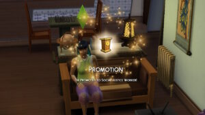 A sim gets promoted while sitting in their living room in The Sims 4.