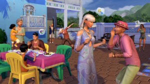 Sims gather and party in a courtyard in The Sims 4.