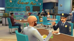 Sims eating pastries in a blue bakery in The Sims 4