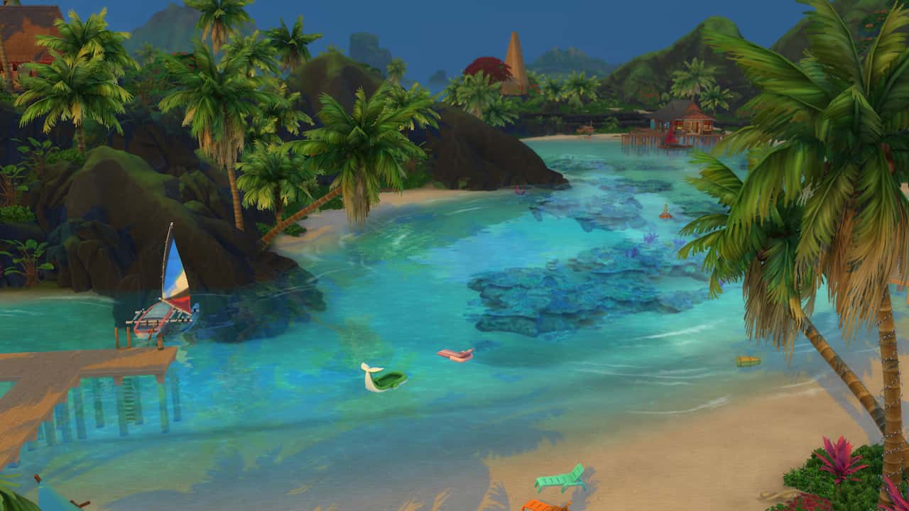 A screenshot of a tropical island in Sims 4 destination worlds video game.