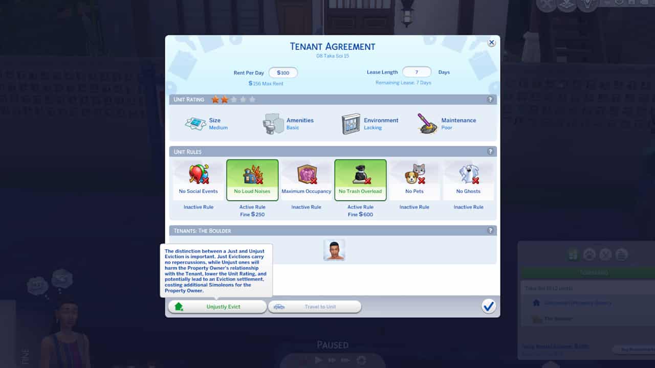 A screenshot of the Sims 4 store featuring tenants and renting options.