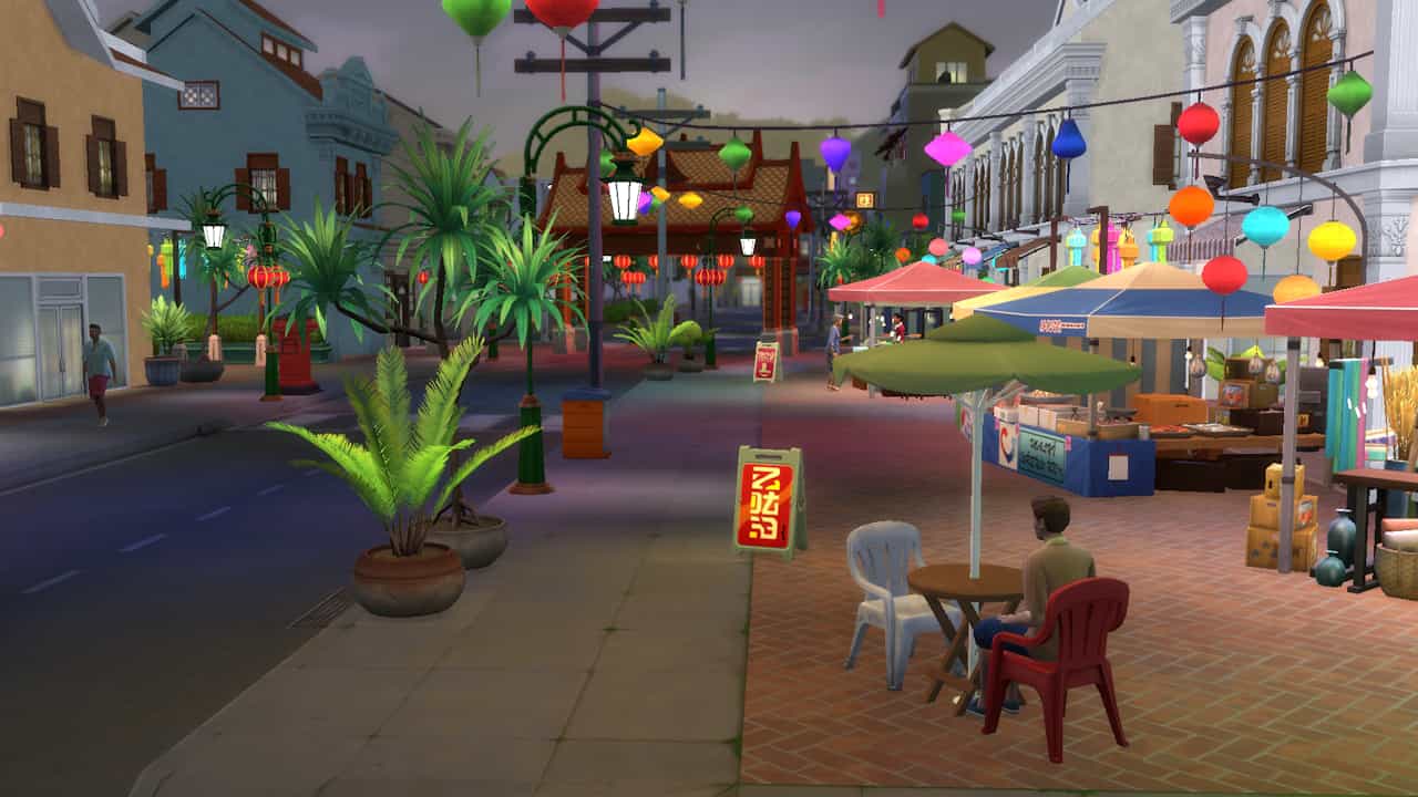 A captivating screenshot capturing the vivid street scene in The Sims 3, with delightful architecture and bustling activity.