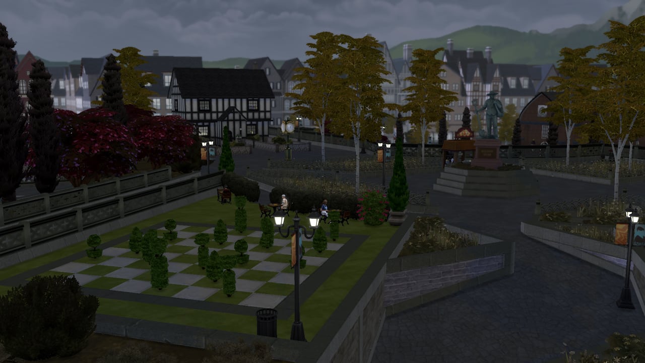 A chess board situated prominently in the heart of a bustling town.