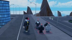 A Roblox character on the street in Skibi Defense, next to a couple of towers.