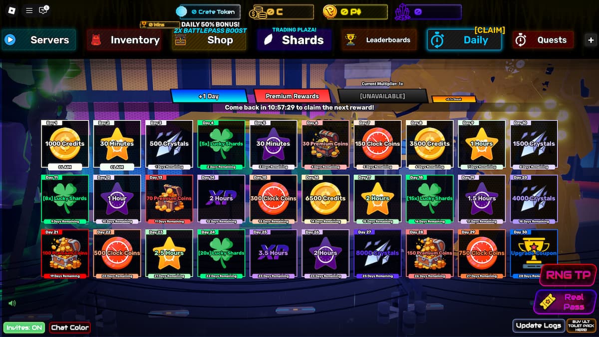 The Daily window in Skibi Defense, showing various daily rewards.
