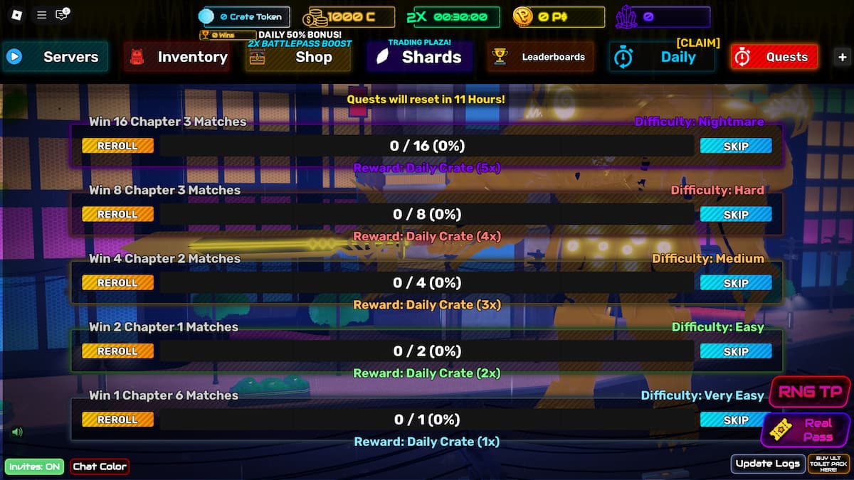 The Quests window in Skibi Defense, showing currently available tasks and their rewards.