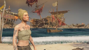 A pirate on a beach looking at a shipwreck