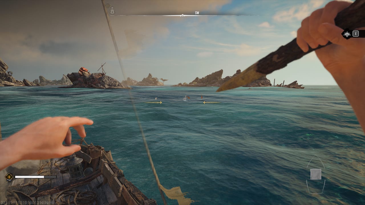 A Skull and Bones player aiming a Hunting Spear at a fish