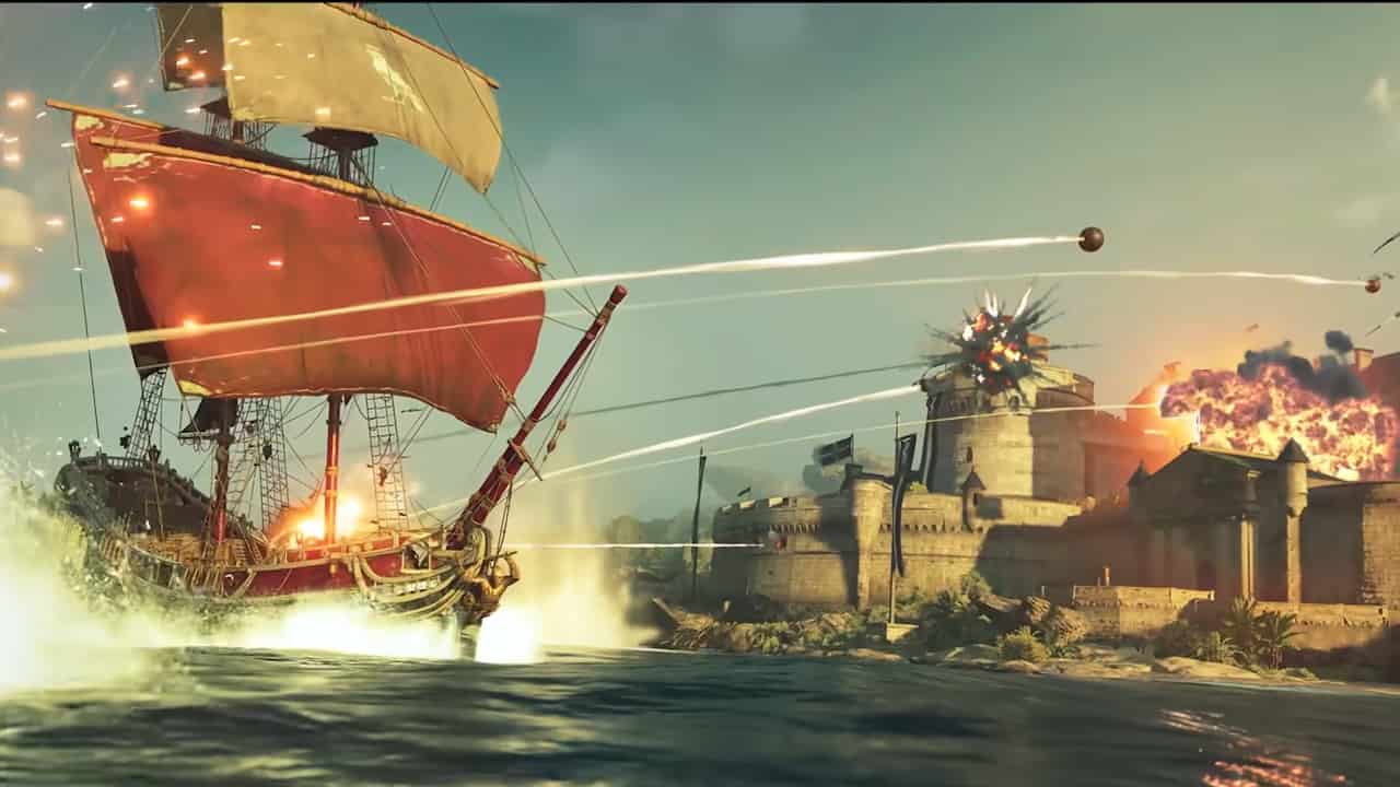 A pirate ship fires cannons at a fortress in Skull and Bones