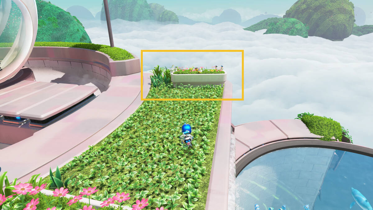 Astro Bot Sky Garden: Astro Bot exploring the Sky Garden.