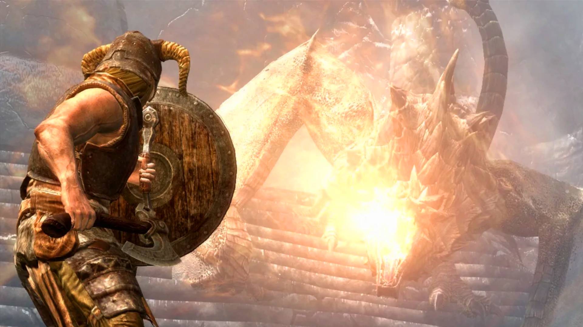 The Skyrim protagonist Dragonborn blocking a blast of fire from a big Dragon
