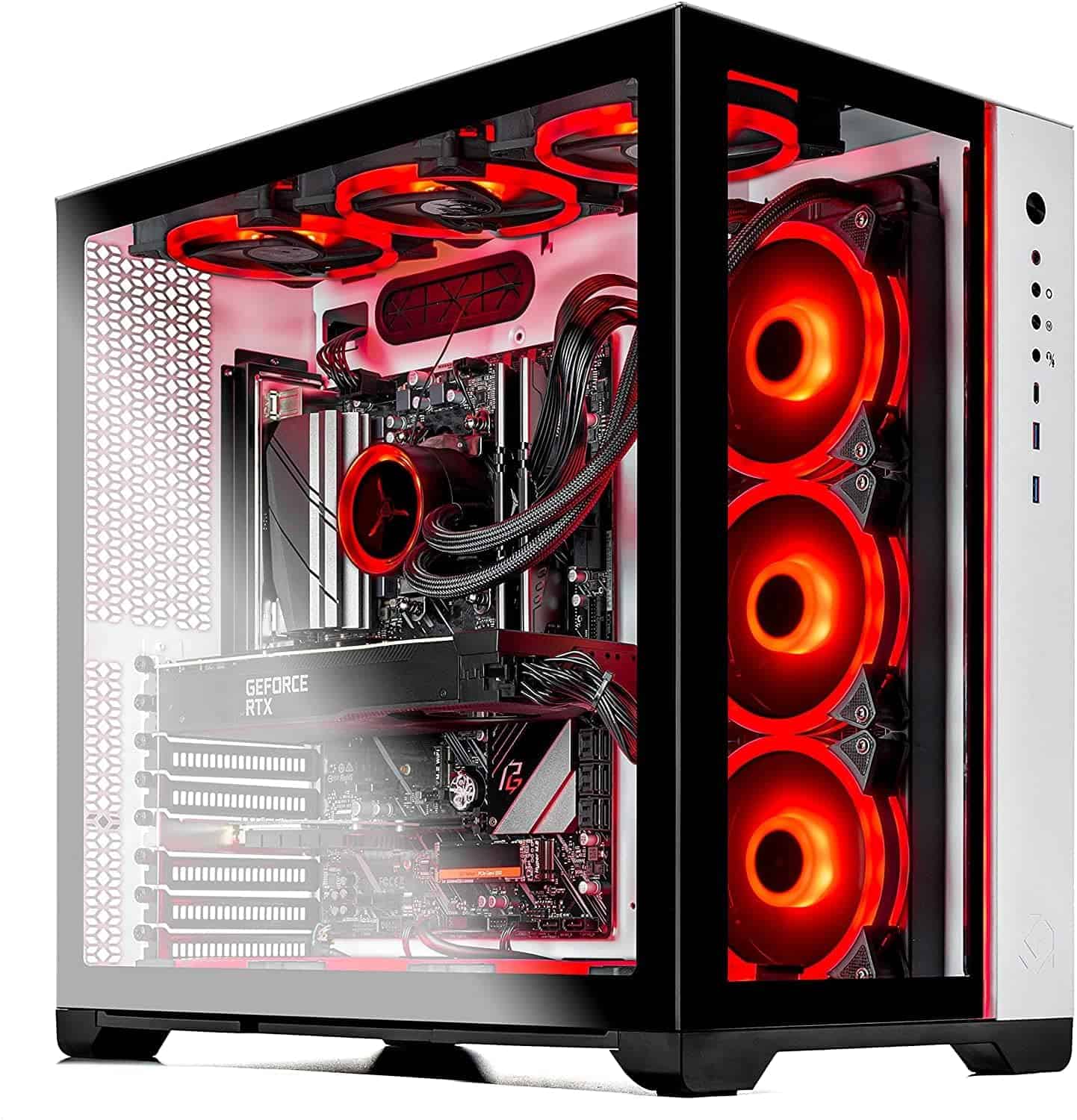 A Skytech Prism II computer case with red and white lights.