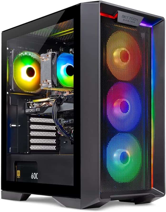 Skytech Nebula Gaming PC (RTX 4070) with colorful lights and fans.