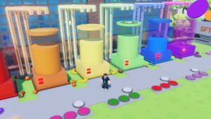 A Smoothie Factory Tycoon player poses in front of smoothies.
