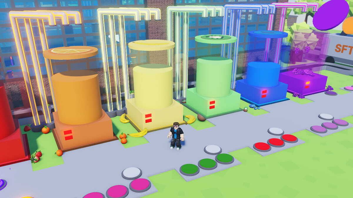 A Smoothie Factory Tycoon player poses in front of smoothies.