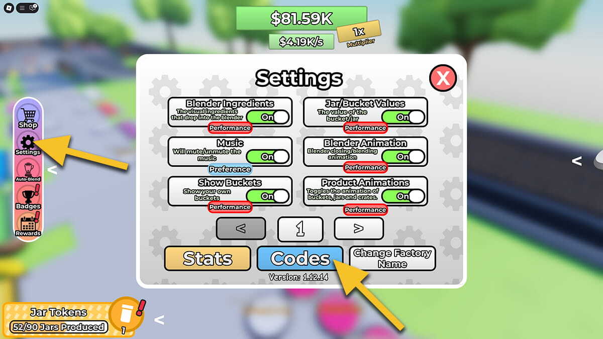 A yellow arrow points at the Settings button on the left side of the screen. The settings menu is displayed, with another yellow arrow pointing at the Codes button at the bottom of the menu.