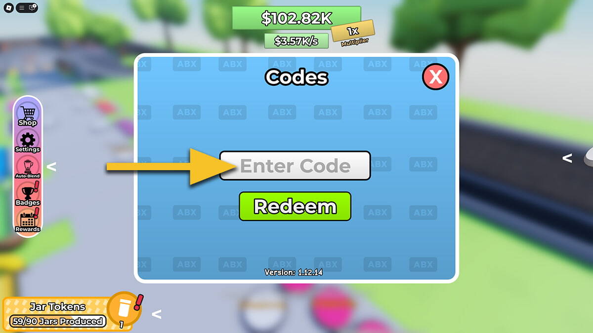 The Codes window in the Smoothie Factory Tycoon. A yellow arrow points at the text box where the players have to input codes.
